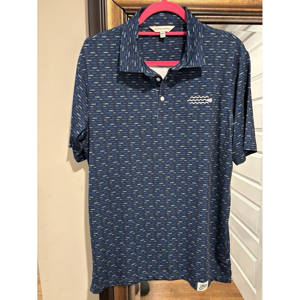 Lacrosse Unlimited  Men's M Blue Fish Print  Polo Shirt